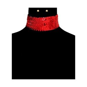 Red Statement Sequin Beads Choker Necklace Set